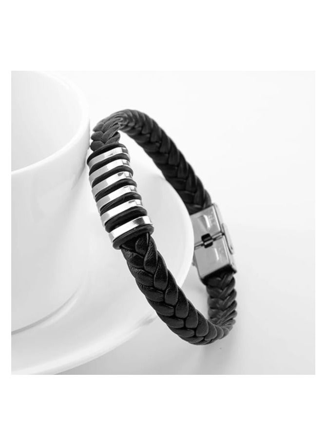 MARIO DRAFTS Men's Braided Leather Bracelet, Black Stainless Steel Clasp, Woven Design - Image 1
