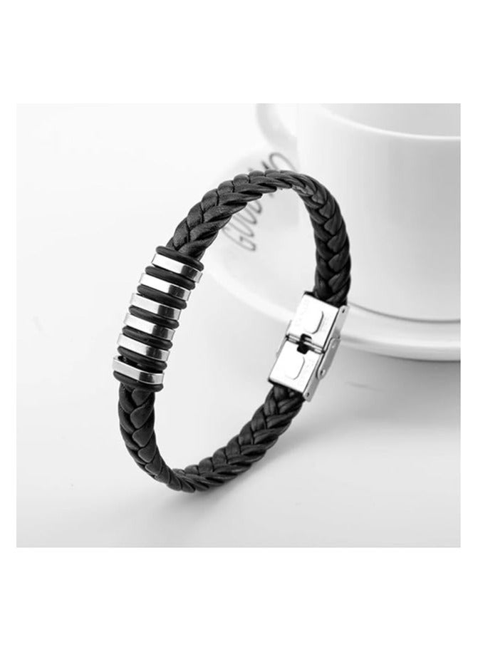 MARIO DRAFTS Men's Braided Leather Bracelet, Black Stainless Steel Clasp, Woven Design - Image 2