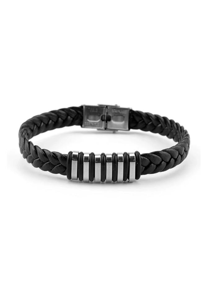 MARIO DRAFTS Men's Braided Leather Bracelet, Black Stainless Steel Clasp, Woven Design - Image 3