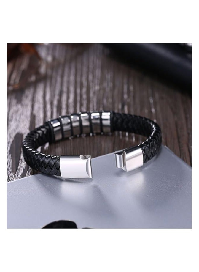 MARIO DRAFTS Men's Braided Leather Bracelet, Black Stainless Steel Clasp, Woven Design - Image 5
