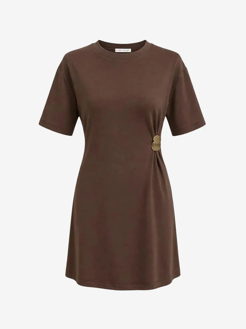 ميكسراي MIXRAY Crew Neck Mini T-Shirt Dress with Stone Accessory