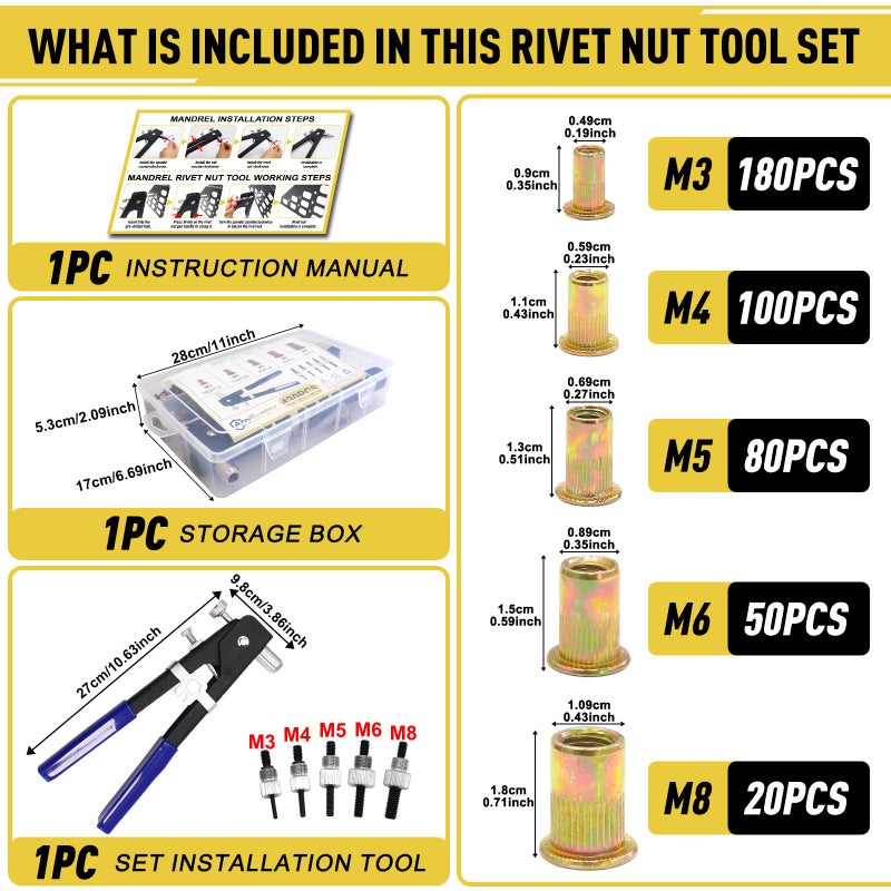 AddSafety Rivet Nut Tool Kit,430PCS Zinc Plated Carbon Steel Metric Rivet Nut Combination M3/M4/M5/M6/M8,Suitable for Home Furnishings, Furniture, Decoration, etc - Image 2