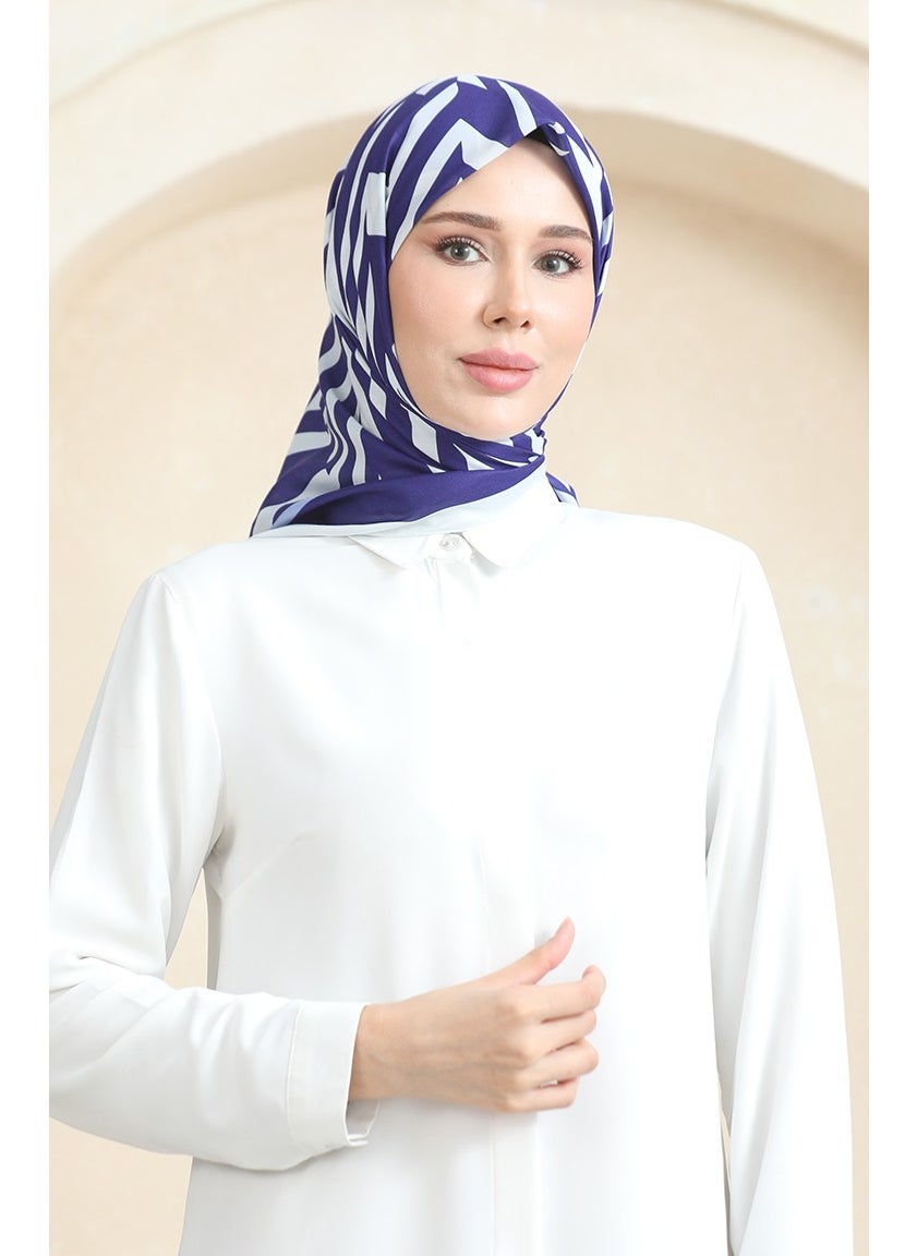 Sefa Merve Soft Cotton Scarf 19092-04 Navy Blue Ecru  - Image 1