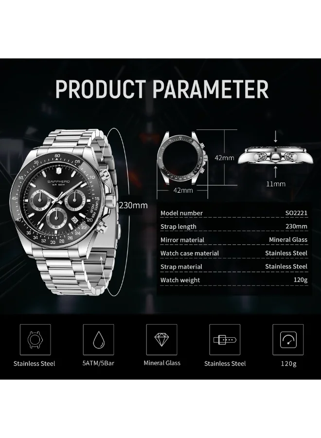 Sapphero  SAPPHERO Mens Watches Analog Quartz Chronograph Stainless Steel Watches for Men 50M Waterproof Men's Wrist Watches with Calendar Luxury Business Work Casual Watch Elegant Gifts for Mens for Men | Best Price UAE
