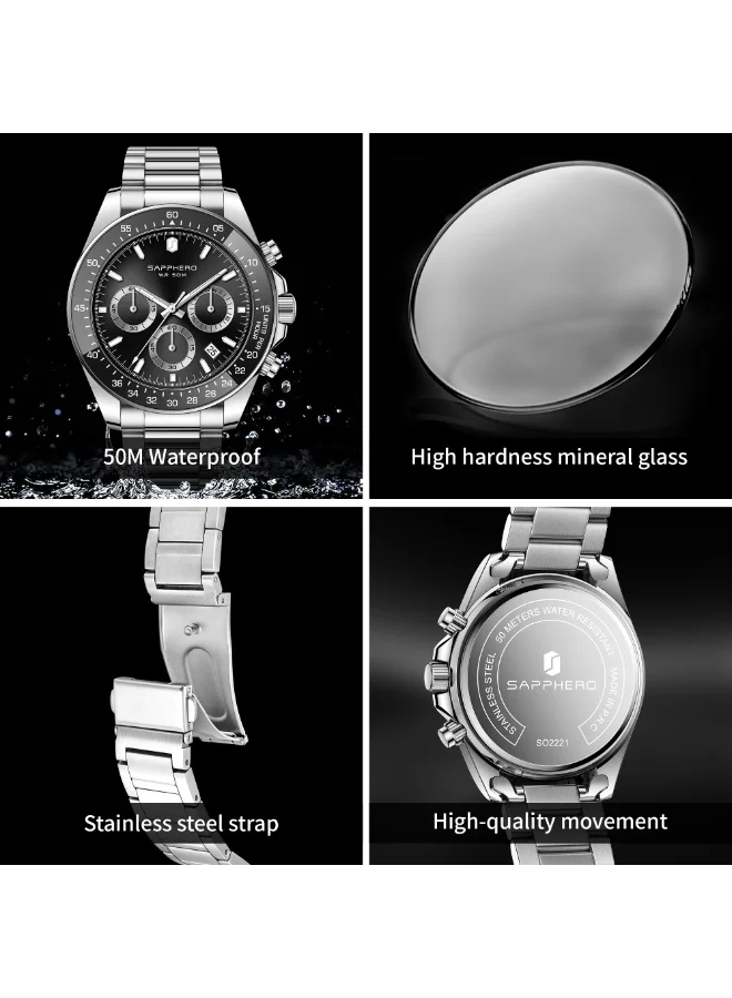 Sapphero  SAPPHERO Mens Watches Analog Quartz Chronograph Stainless Steel Watches for Men 50M Waterproof Men's Wrist Watches with Calendar Luxury Business Work Casual Watch Elegant Gifts for Mens for Men | Best Price UAE