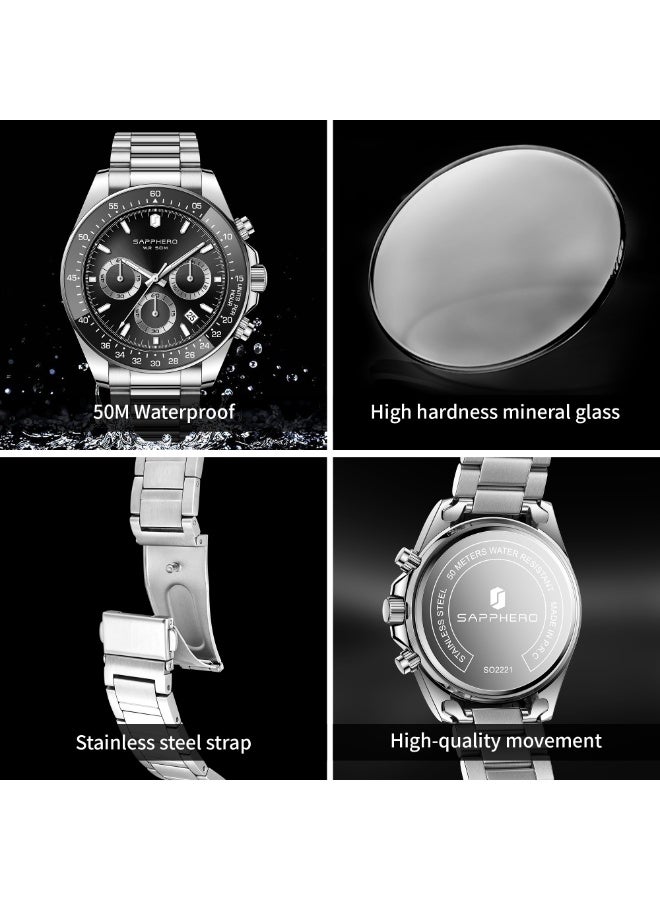 SAPPHERO Mens Watches Analog Quartz Chronograph Stainless Steel Watches for Men 50M Waterproof Men's Wrist Watches with Calendar Luxury Business Work Casual Watch Elegant Gifts for Men - Image 5