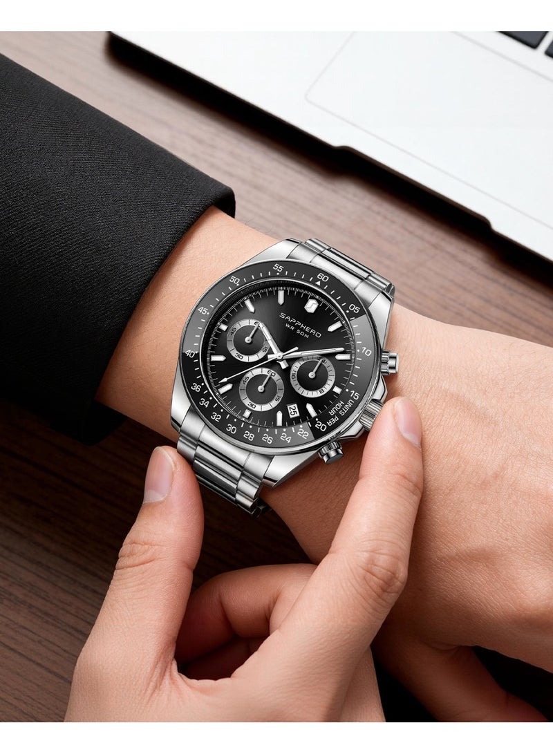 SAPPHERO Mens Watches Analog Quartz Chronograph Stainless Steel Watches for Men 50M Waterproof Men's Wrist Watches with Calendar Luxury Business Work Casual Watch Elegant Gifts for Men - Image 3