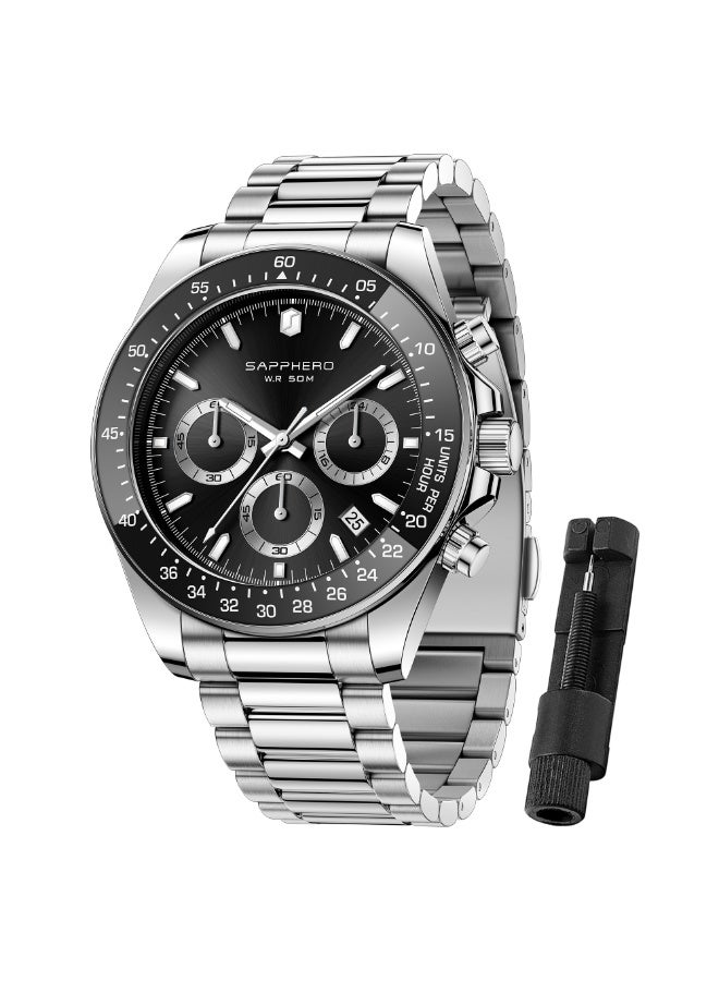 SAPPHERO Mens Watches Analog Quartz Chronograph Stainless Steel Watches for Men 50M Waterproof Men's Wrist Watches with Calendar Luxury Business Work Casual Watch Elegant Gifts for Men - Image 1