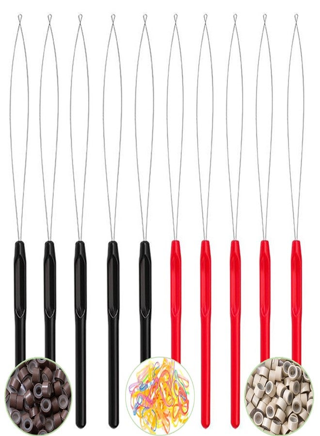 HandWig Hair Extension Loop Tools Set, 10 Pcs Pulling Needles, Black and Red Threader for Braiding, Tinsel & Feather Hair Extensions,Crafting, Sewing, Working with Yarn,Tufting,for Crafter DIYer Stylists - Image 1