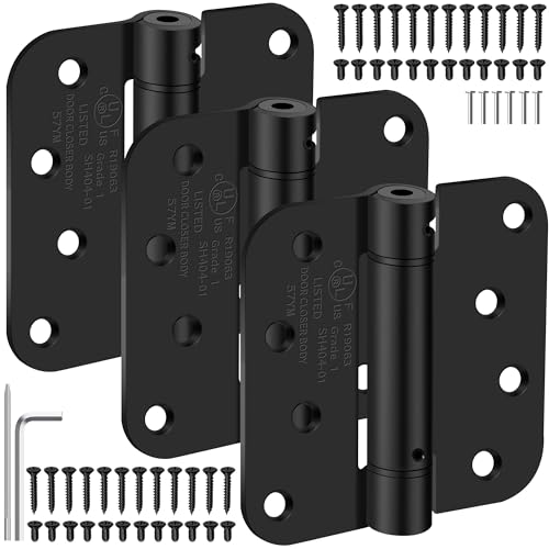IOQ 4 Inch Self Closing Door Hinges 58 Radius Corners Spring Loaded Hinges for Exterior Garage Front and Back Door UL Listed for Left and Right Hand Door Matte Black 3 Pack - Image 1