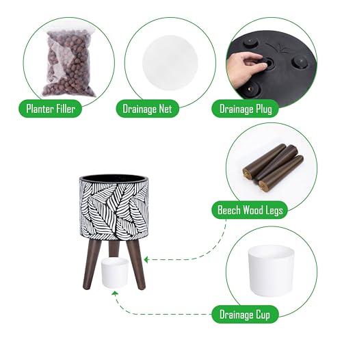 D'vine Dev 8 Inch Planter Pot with Stand, Mid-Century Tall Plant Pot with Legs for Indoor Plants, Small, White/Grey, 88-L-A-7 - Image 4
