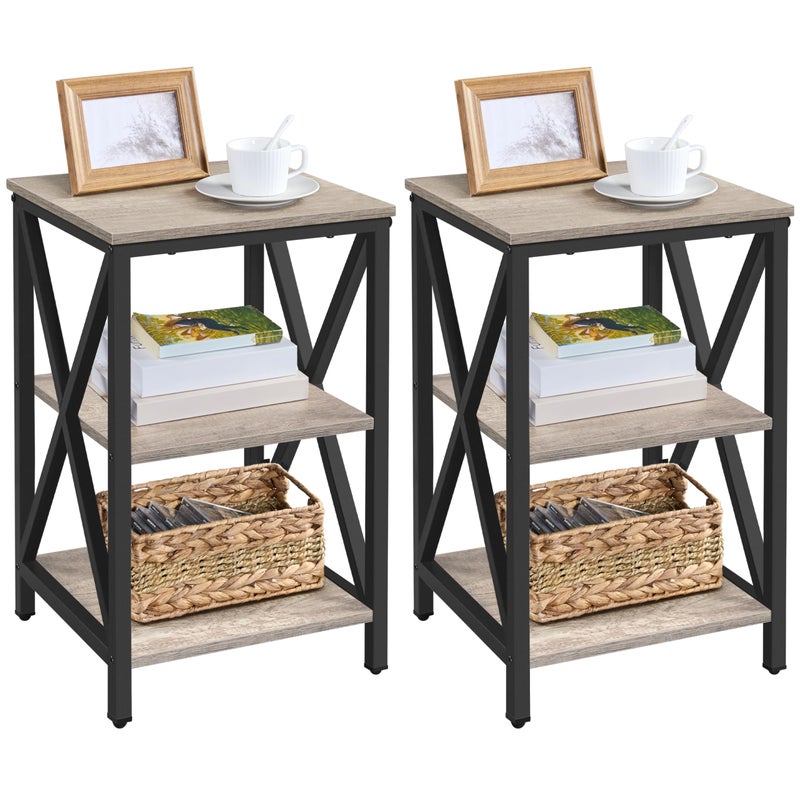 Yaheetech Industrial End Tables Set of 2 3Tier Side Tables with Storage Shelves for Living Room X Design Sofa Tables Strong Metal Frame Easy Assembly 16x16x245 in Gray