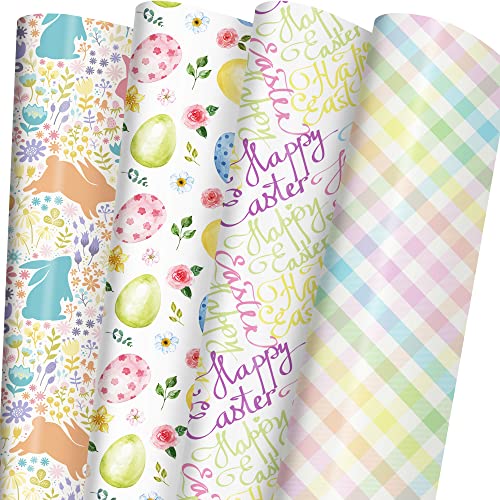 ZINTBIAL Easter Wrapping Paper for Kids Adults - Holiday Gift Wrap with Watercolor Egg, Rabbit, Rainbow Plaid and Happy Easter Letters Designs - 20 x 29 Inches per Sheet (8 Sheets 33 sq. ft.) - Image 1