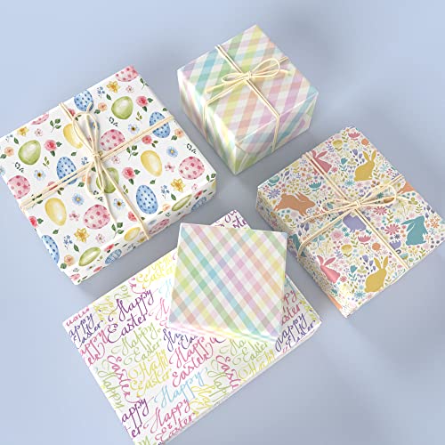 ZINTBIAL Easter Wrapping Paper for Kids Adults - Holiday Gift Wrap with Watercolor Egg, Rabbit, Rainbow Plaid and Happy Easter Letters Designs - 20 x 29 Inches per Sheet (8 Sheets 33 sq. ft.) - Image 3