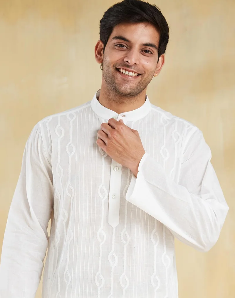 Fabindia White Cotton Chikankari Slim Fit Long Kurta