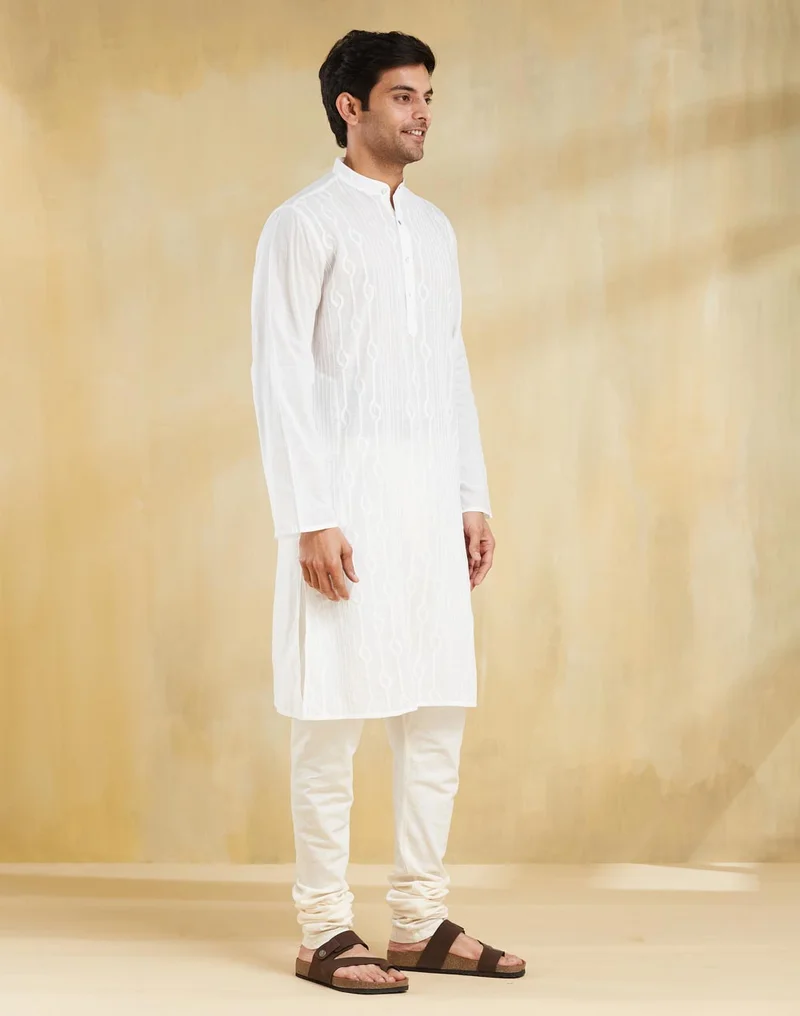 Fabindia White Cotton Chikankari Slim Fit Long Kurta