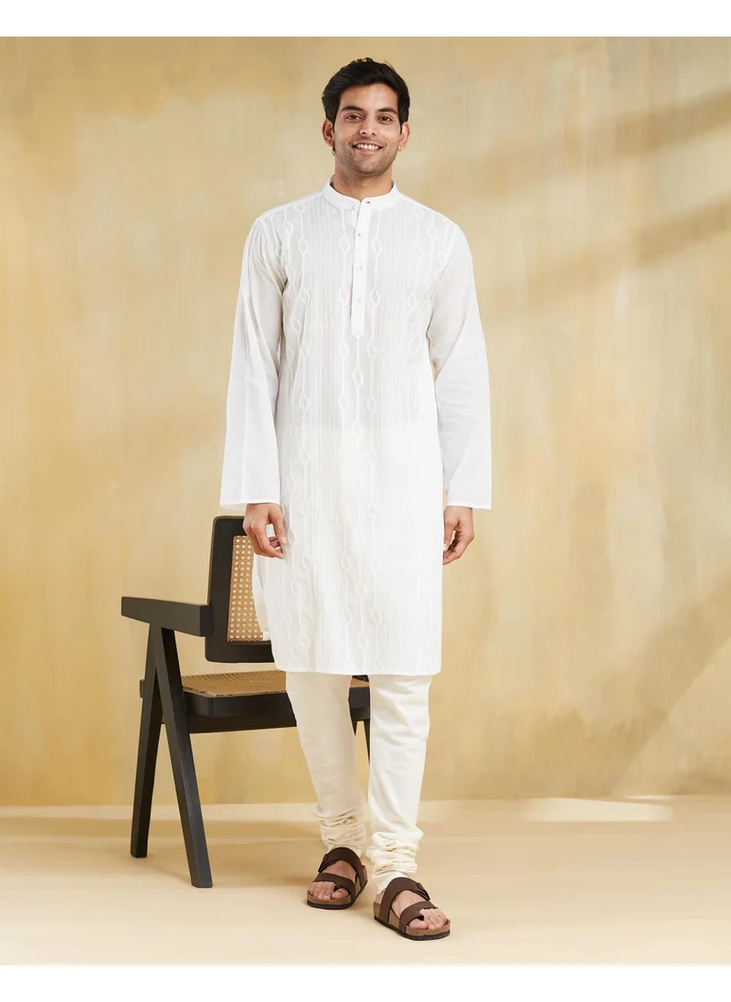 فاب انديا White Cotton Chikankari Slim Fit Long Kurta