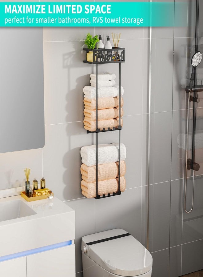 HapiRm Towel Rack Bathroom Storage - 3 Tier Over The Door & Wall Mounted Rolled Towel Racks Holder Organizer with Metal Shelf and 6 Hooks for Small Bathroom, Camper, Rv - Black (for 1.77 in Doors) - Image 5