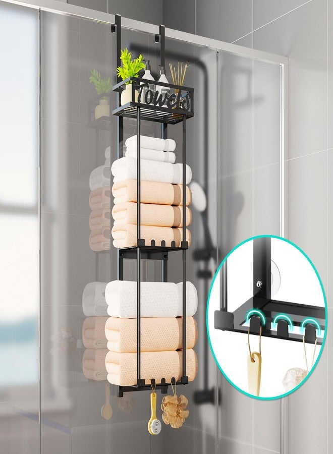 HapiRm Towel Rack Bathroom Storage - 3 Tier Over The Door & Wall Mounted Rolled Towel Racks Holder Organizer with Metal Shelf and 6 Hooks for Small Bathroom, Camper, Rv - Black (for 1.77 in Doors) - Image 4
