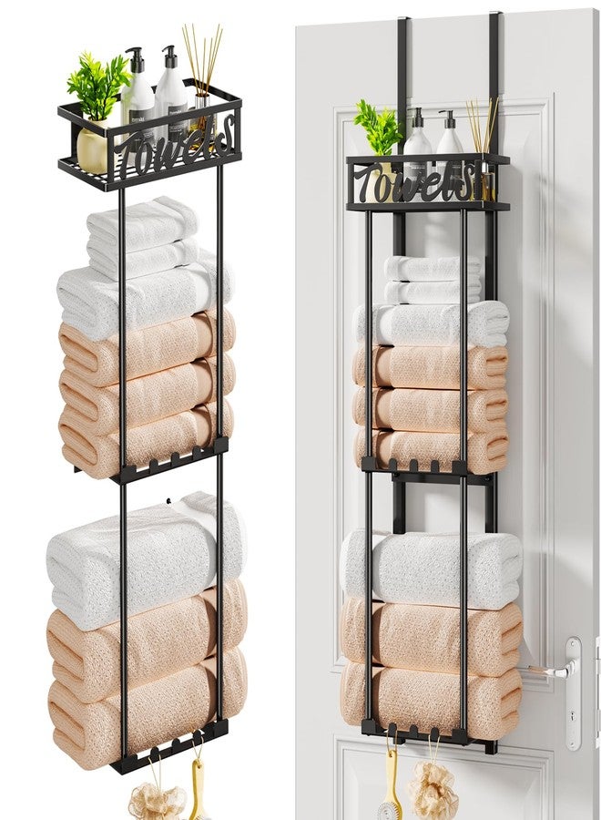 HapiRm Towel Rack Bathroom Storage - 3 Tier Over The Door & Wall Mounted Rolled Towel Racks Holder Organizer with Metal Shelf and 6 Hooks for Small Bathroom, Camper, Rv - Black (for 1.77 in Doors) - Image 1
