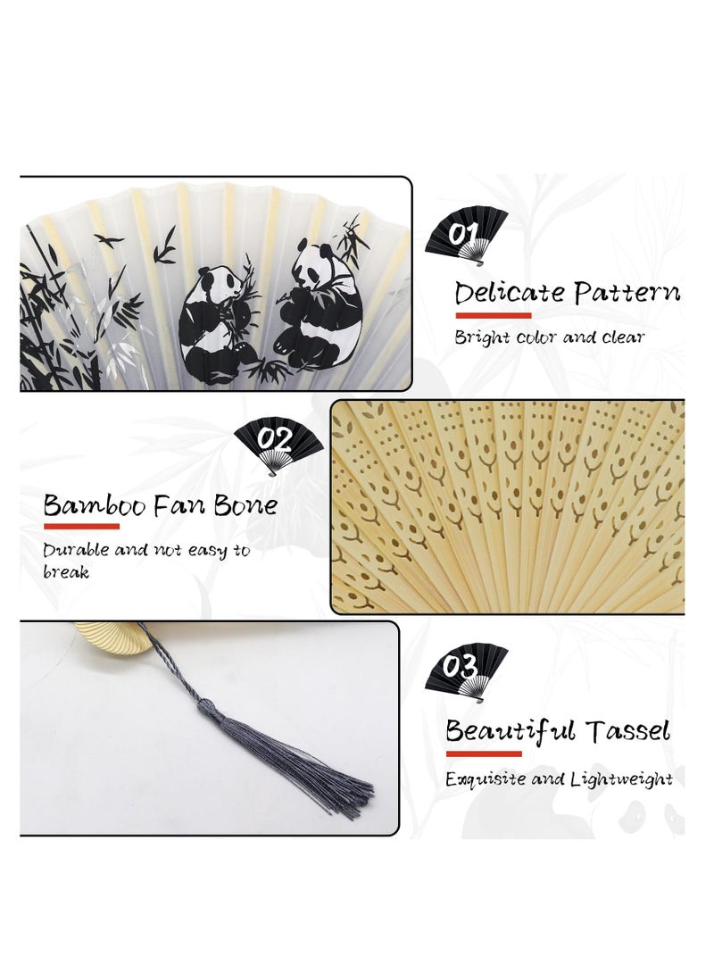 Loquat Folding Hand Fans, Bamboo Handheld Silk Fans - Chinese Vintage Style Handheld Silk Folding Fan with Silk Storage Bag for Birthday Wedding Party Decoration (Grey-panda) - Image 5