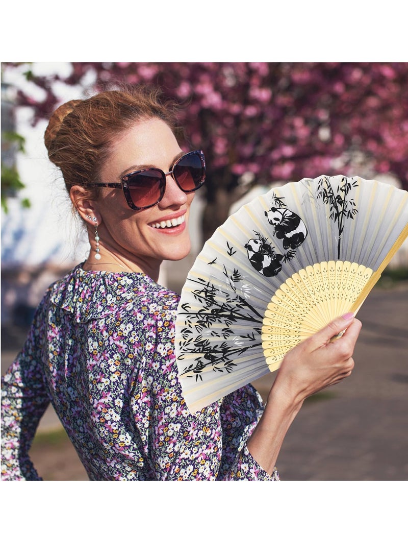 Loquat Folding Hand Fans, Bamboo Handheld Silk Fans - Chinese Vintage Style Handheld Silk Folding Fan with Silk Storage Bag for Birthday Wedding Party Decoration (Grey-panda) - Image 3