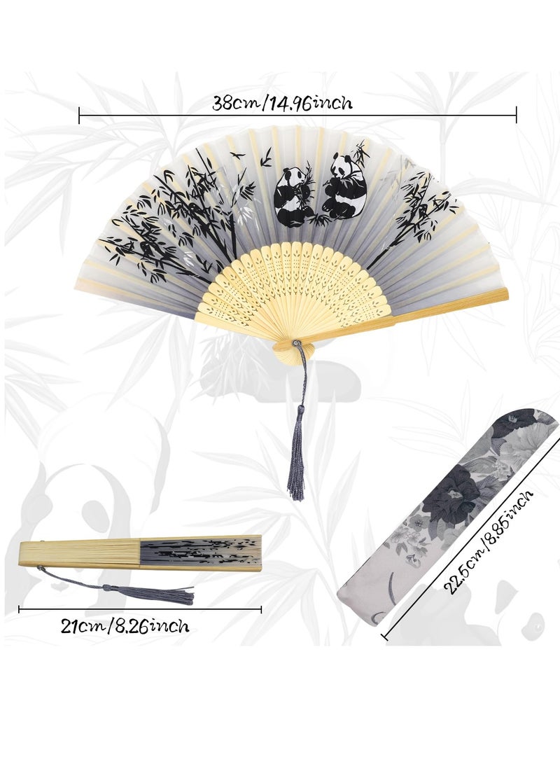 Loquat Folding Hand Fans, Bamboo Handheld Silk Fans - Chinese Vintage Style Handheld Silk Folding Fan with Silk Storage Bag for Birthday Wedding Party Decoration (Grey-panda) - Image 4