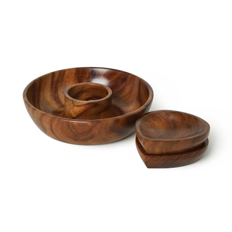 WOODENCLAVE WOODENCLAVE Wooden Chip and Dip Platter with Dip Bowl 1 Plate Multipurpose Serving Platter for Snacks Handcrafted Serving Tray Natural Brown  - Image 1