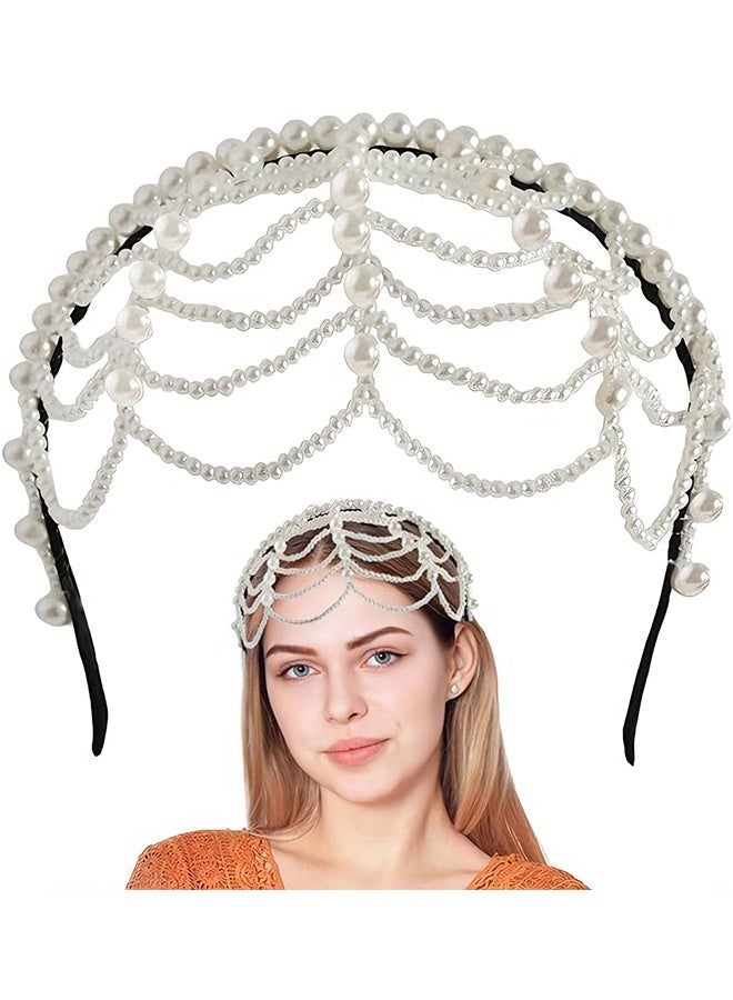 Happy D 1920s Pearl Cap Headpiece, Roaring 20s Headbands for women, Head Chain Hair Accessories, for Wedding Bridal Cosplay Halloween Art Decor Party - Image 1