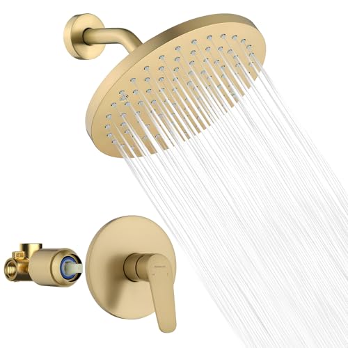 Lavatrum Brush Gold Shower Head and Handle Set Single Spray Premium Wall Mount 8 Inch Rainfall Round Shower Faucet with Roughin Valve and Trim Kit for Bathroom18GPM