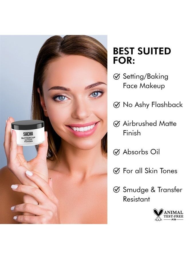 Sacha BUTTERCUP NO COLOR Powder. No White Cast or Photo Flashback. Does not Cake or Settle into Creases. Controls Shine All Day. Invisible on all Skin Tones. 1.75 oz.