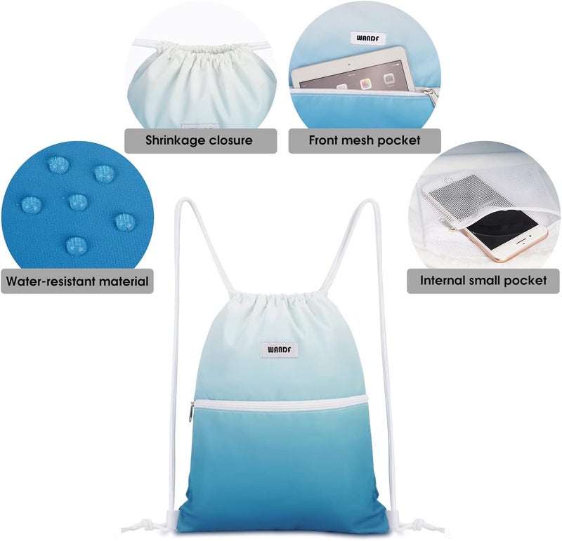 WANDF Drawstring Backpack String Bag Sackpack Cinch Water Resistant Nylon for Sport Yoga Gym Shopping (Blue Gradient) - Image 3