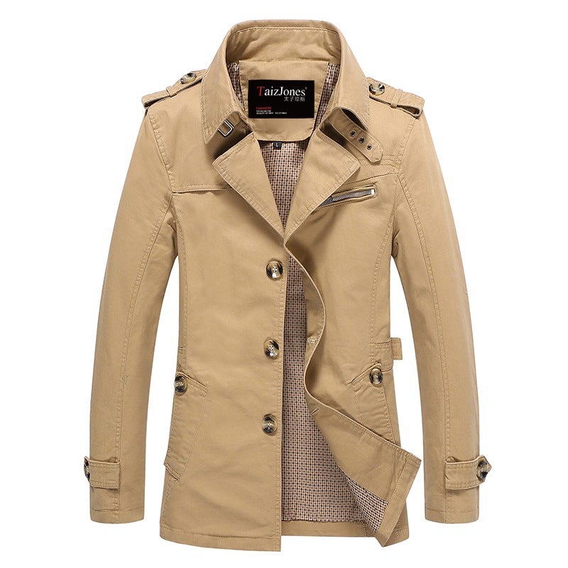 Business Spring and Autumn Windbreaker Men's Mid-length Casual Jacket Coat Youth Pure Cotton Fashionable Korean Large Size Men's Wear