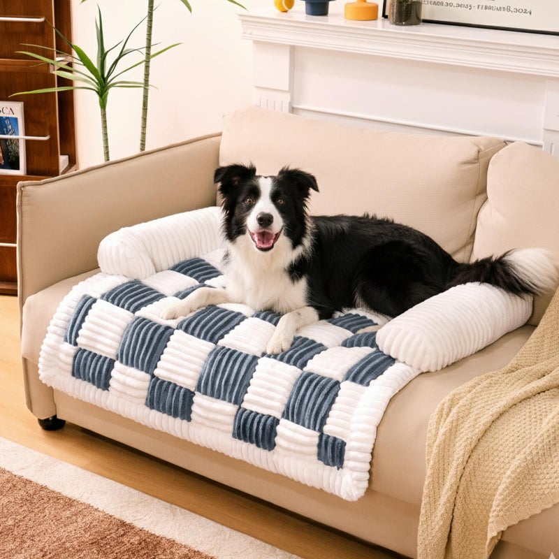 FUNNY FUZZY Pet Couch Covers for Sofa, Large Dog Couch Bed Cover Cream Square Plaid Washable Pet Mat for Furniture Protector Sofa Cover for Dogs, Large, Muted Grey - Image 1