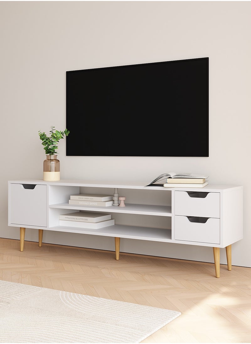 Boloni Modern TV Cabinet with Storage Drawers, White Entertainment Center TV Stand, Wood Cabinet with Open Shelves and Hidden Compartments for Living Room  - Image 5
