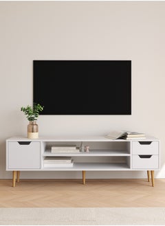 Boloni Modern TV Cabinet with Storage Drawers, White Entertainment Center TV Stand, Wood Cabinet with Open Shelves and Hidden Compartments for Living Room  - Image 1
