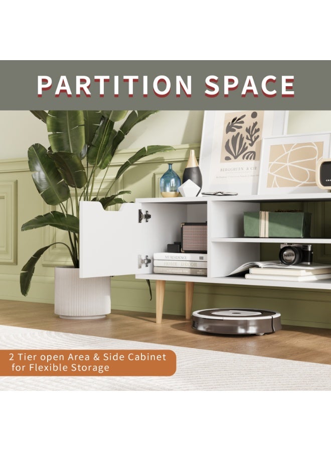 بولوني خزانة وحدة تلفزيون بولوني الحديثة منتصف القرن لأجهزة التلفزيون حتى 65 بوصة، طاولة وحدة تحكم حامل تلفزيون 140 × 30 × 39 سم مع درجين ورفوف مفتوحة، مركز ترفيهي صغير لغرفة المعيشة، أبيض - Image 5