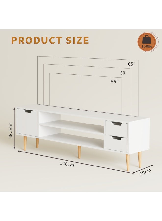 بولوني خزانة وحدة تلفزيون بولوني الحديثة منتصف القرن لأجهزة التلفزيون حتى 65 بوصة، طاولة وحدة تحكم حامل تلفزيون 140 × 30 × 39 سم مع درجين ورفوف مفتوحة، مركز ترفيهي صغير لغرفة المعيشة، أبيض - Image 3