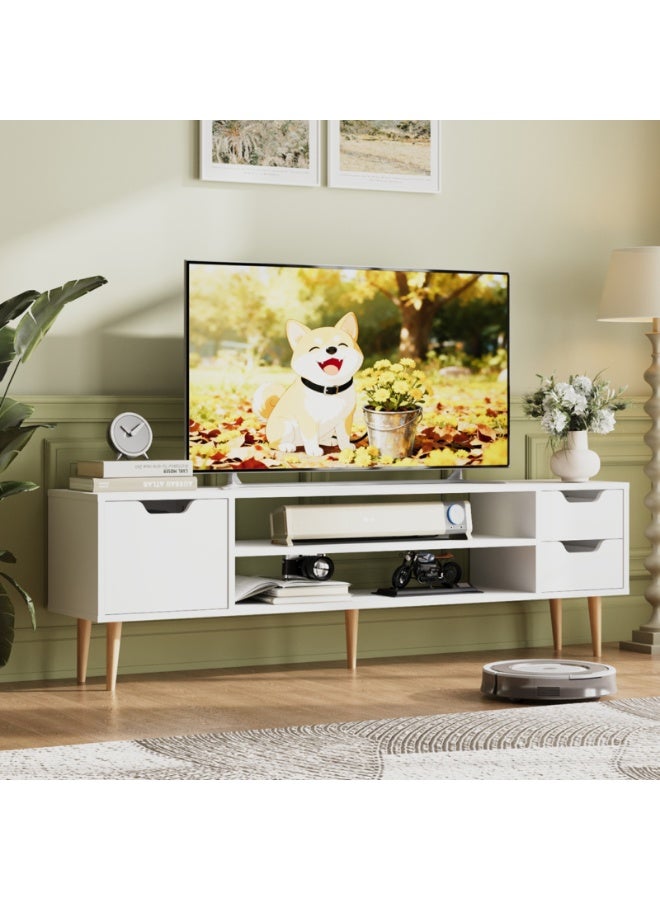 بولوني خزانة وحدة تلفزيون بولوني الحديثة منتصف القرن لأجهزة التلفزيون حتى 65 بوصة، طاولة وحدة تحكم حامل تلفزيون 140 × 30 × 39 سم مع درجين ورفوف مفتوحة، مركز ترفيهي صغير لغرفة المعيشة، أبيض - Image 1