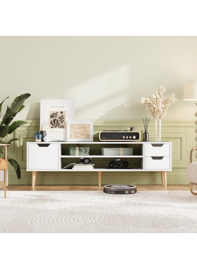 بولوني خزانة وحدة تلفزيون بولوني الحديثة منتصف القرن لأجهزة التلفزيون حتى 65 بوصة، طاولة وحدة تحكم حامل تلفزيون 140 × 30 × 39 سم مع درجين ورفوف مفتوحة، مركز ترفيهي صغير لغرفة المعيشة، أبيض - Image 2