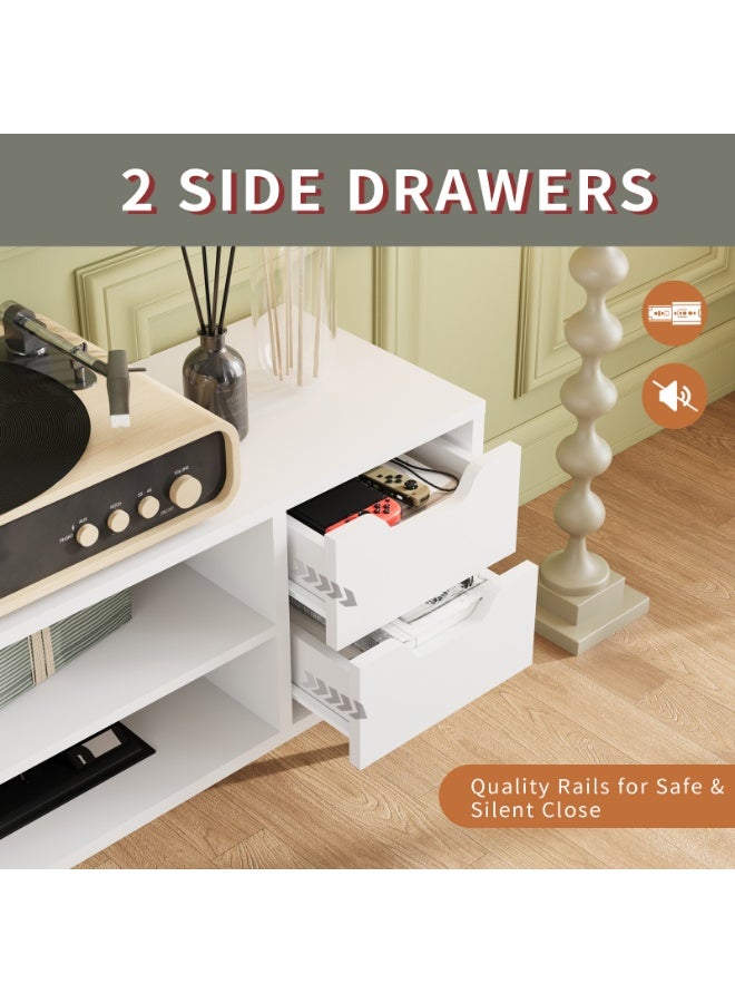 بولوني خزانة وحدة تلفزيون بولوني الحديثة منتصف القرن لأجهزة التلفزيون حتى 65 بوصة، طاولة وحدة تحكم حامل تلفزيون 140 × 30 × 39 سم مع درجين ورفوف مفتوحة، مركز ترفيهي صغير لغرفة المعيشة، أبيض - Image 4