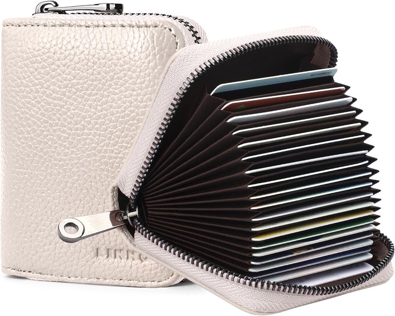 Linno RFID 20 Slots Credit Card Holder Genuine Leather Small Wallet for Women or Men with Zipper - Image 1