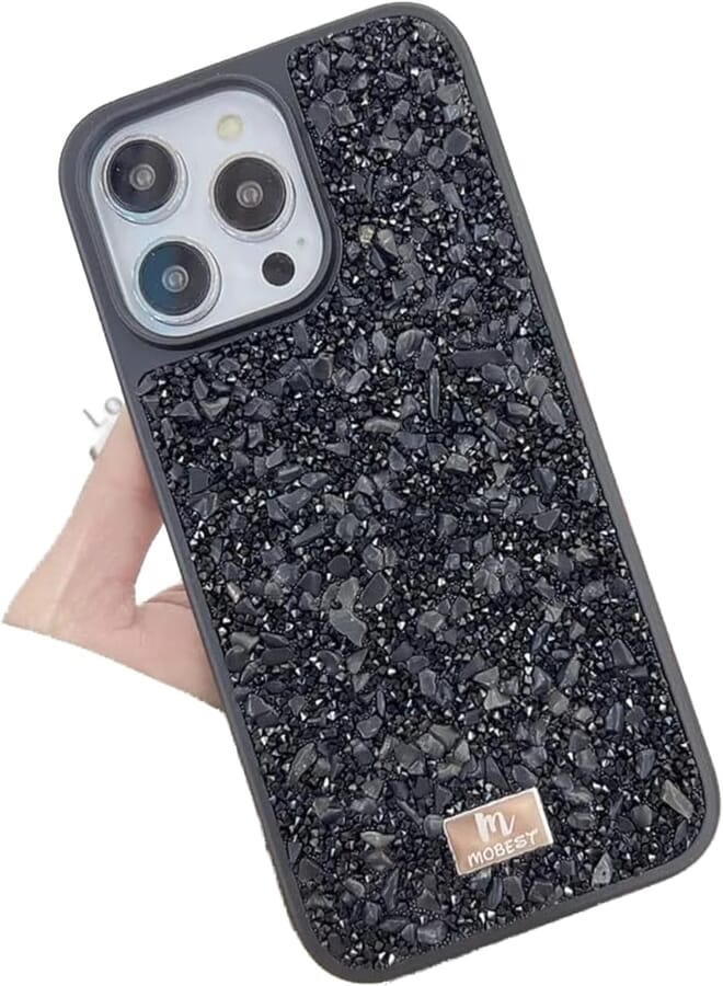 Next Next Store iPhone 15ProMax Glitter Case, Luxury Colorful Stylish Case with Bling Rhinestone Protective Silicone Bumper (Black)