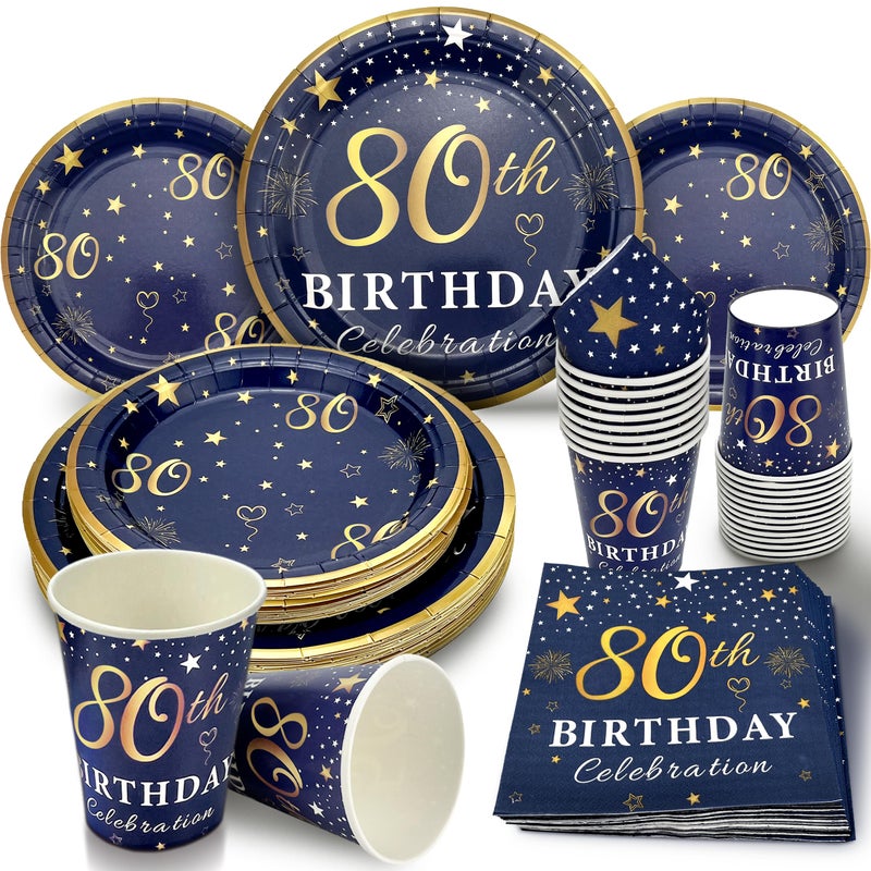 algpty 80th Birthday Decorations Plates and Napkins Blue and Gold Service for 30 80th Birthday Party Bundle Includes Navy Blue Plates Napkins Cups 80th Birthday Supplies for Men Women