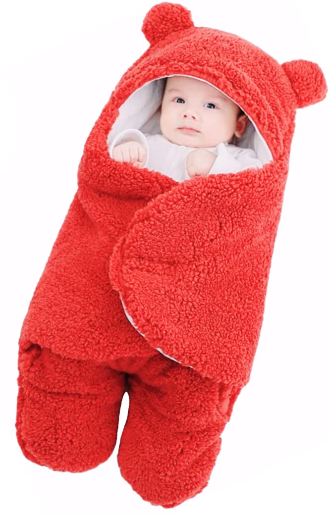 First Kick بطانيات بيبي فيرست كيك للمواليد - عبوة من غلاف قابل للارتداء فائق النعومة، متين، من بوليستر فليس، كيس نوم للأطفال (70 سم × 76 سم، 0-6 أشهر) شيربا أحمر - Image 1