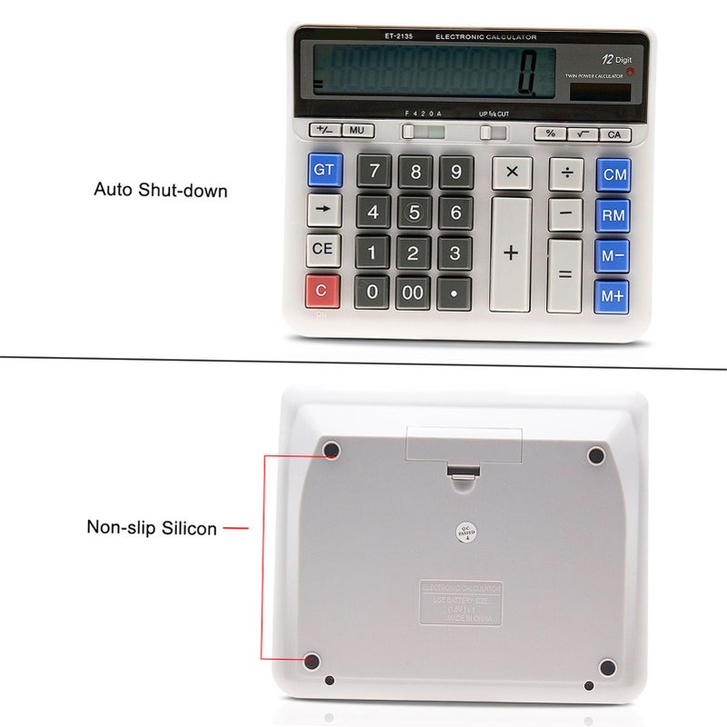 آلة حاسبة إلكترونية كمبيوتر ضخم عداد مع طاقة شمسية وبطارية و شاشة عرض 12 رقماً وأزرار كبيرة متعددة الوظائف لحسابات العمل والمكتب والمدرسة - Image 3
