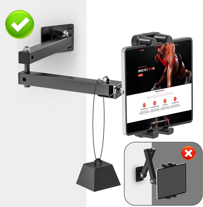 Baishun Foldable Tablet Wall Mount Holder, 360° Rotation Tablet Holder Stand with Adjustable Extension Arm, Sturdy Metal Base, Kitchen Wall Mount Bracket Holder for All 4.7-12.9 Inch Tablet & Phones - Image 3