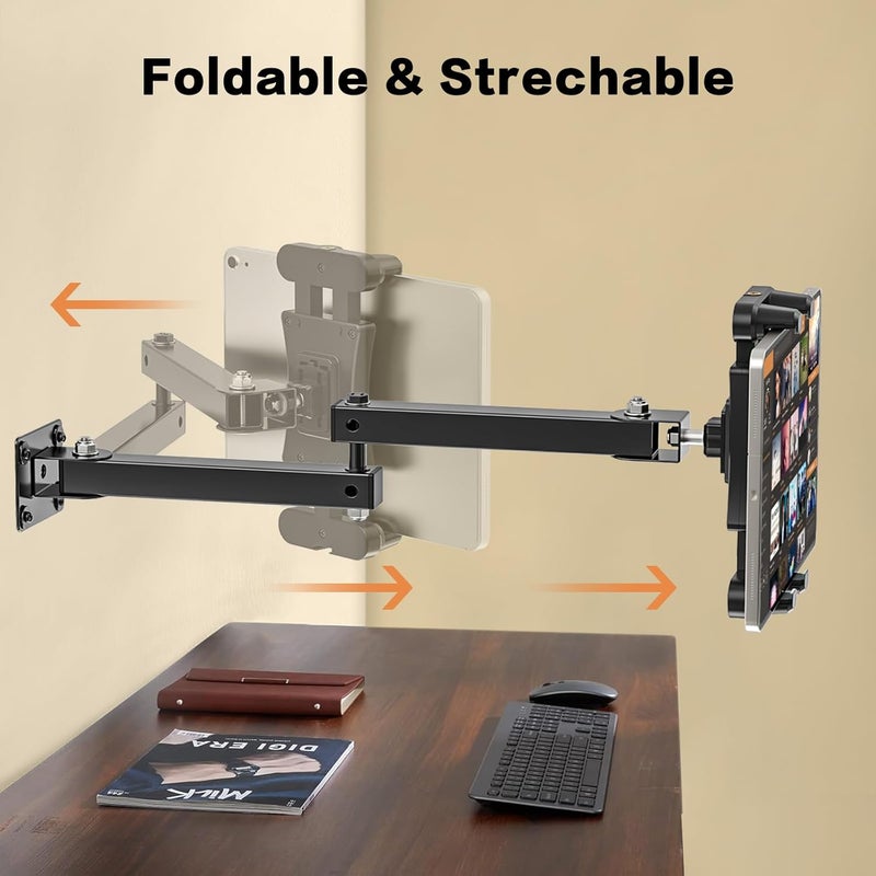 Baishun Foldable Tablet Wall Mount Holder, 360° Rotation Tablet Holder Stand with Adjustable Extension Arm, Sturdy Metal Base, Kitchen Wall Mount Bracket Holder for All 4.7-12.9 Inch Tablet & Phones - Image 2