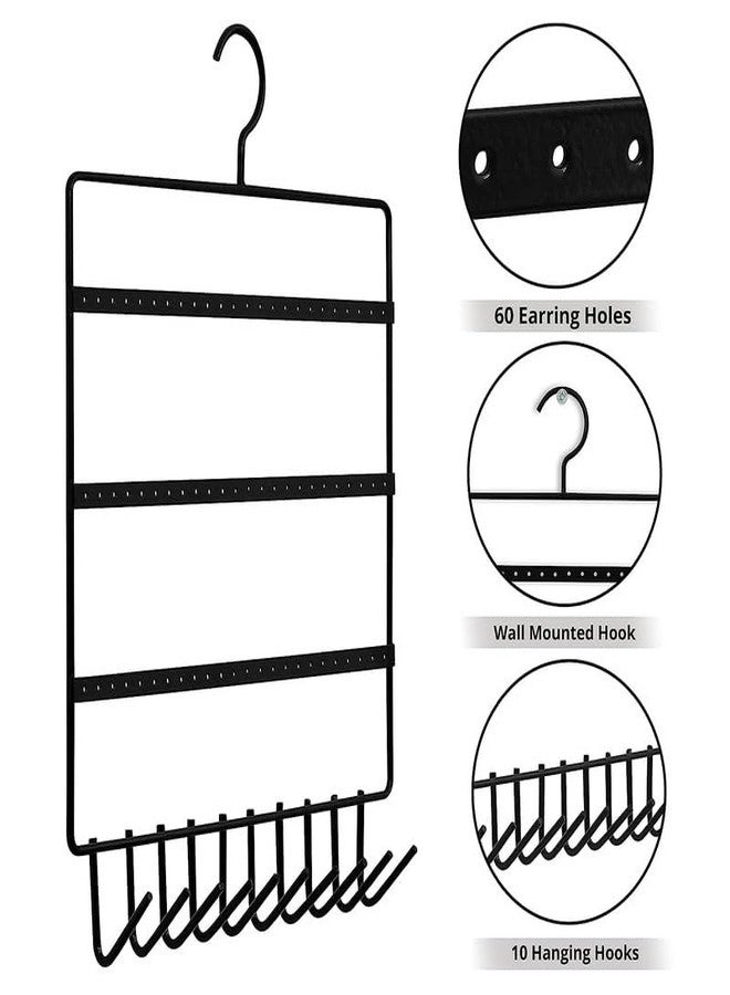 12FOR COLLECTION Metal Jewellery Display Stand Beautiful Earring, Necklace, Bracelets, Hand Rings, Collection with 10 Hanging Hooks & 60 Holes for Earrings black Pack of 2 - Image 2