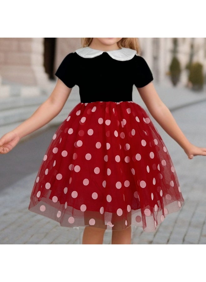 Children Casual Clothes Summer Short Sleeve Dots Girls Dress Kids  Collar Cute Birthday Costume - Image 2